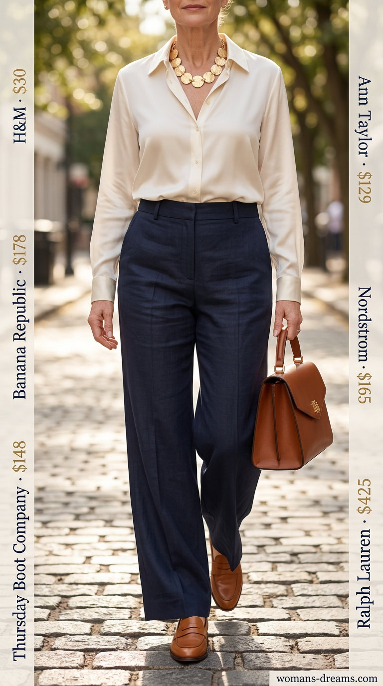 Summer linen outfit for women over 60 2026: Navy linen trousers, ivory silk blouse, and loafers.