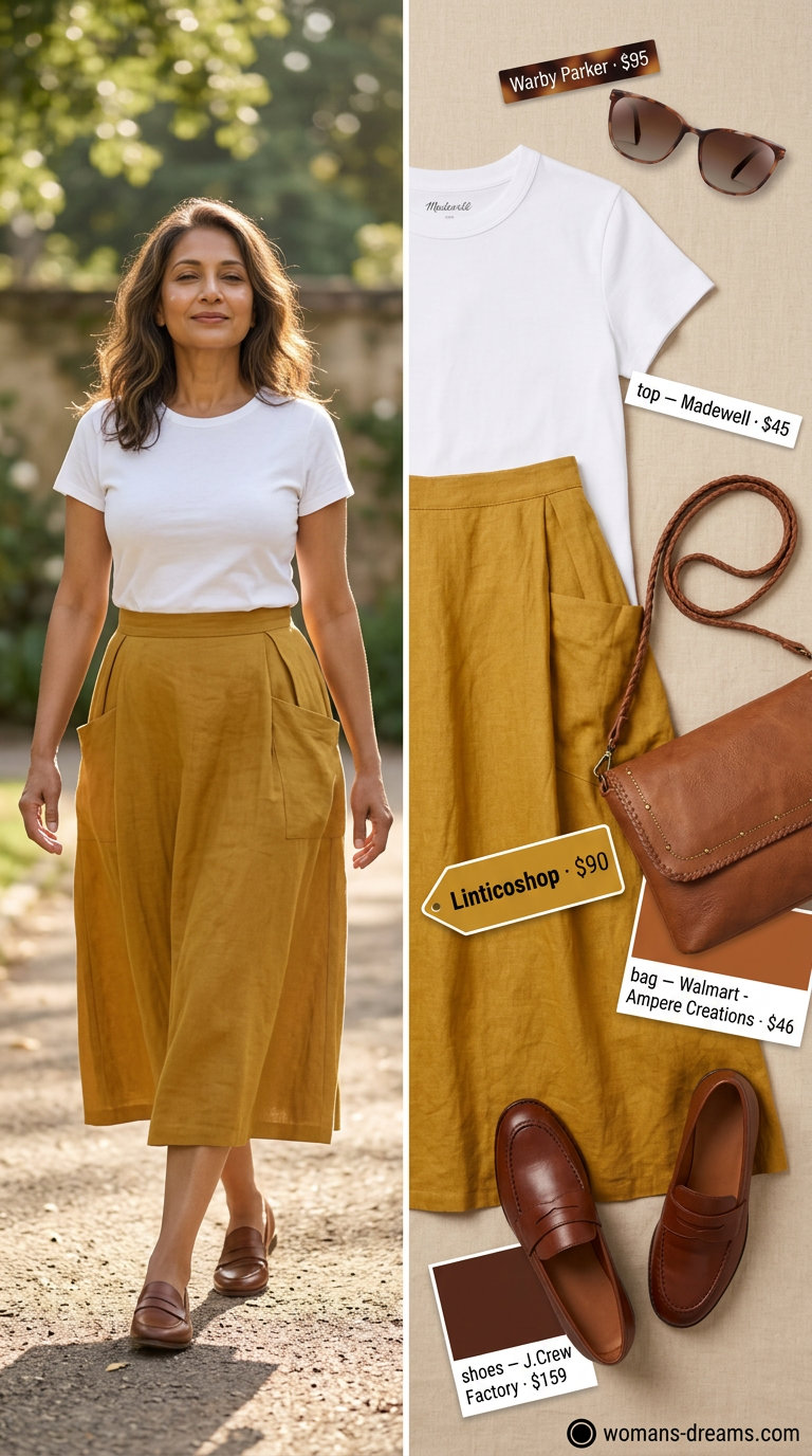 Summer linen outfit for women over 60 2026: Mustard yellow midi skirt, white knit top, and brown loafers.