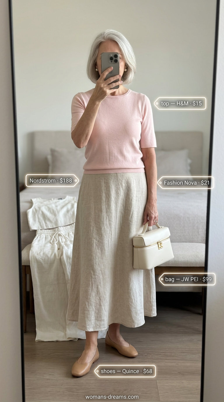 Refined beige linen midi skirt outfit for women over 60, with a pink knit top and cream flats. Classic summer 2026 style.