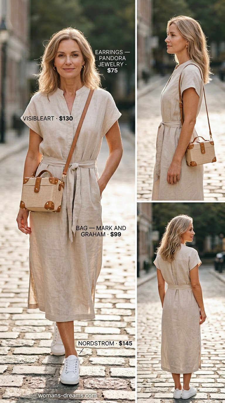 Summer linen outfit for women over 60 2026: Beige linen shirt dress, white sneakers, and raffia bag.