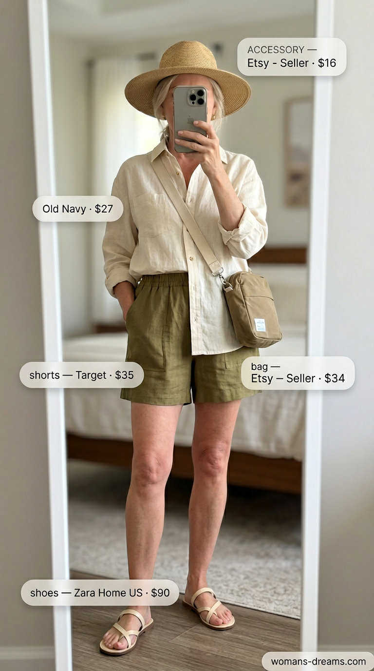 Summer linen outfit for women over 60 2026: Olive green linen shorts, white linen shirt, straw hat, and leather sandals.
