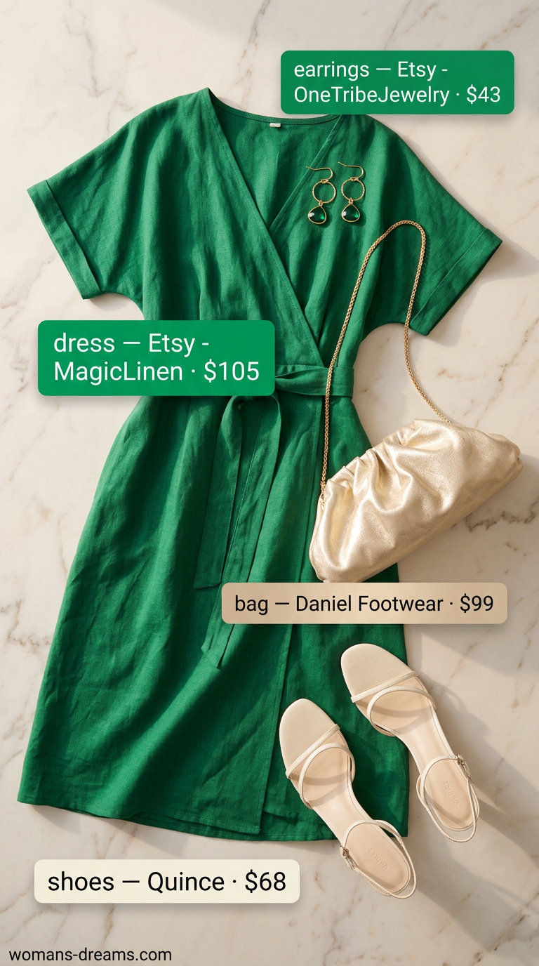 Summer linen outfit for women over 60 2026: Emerald green linen wrap dress, gold earrings, and heeled sandals.