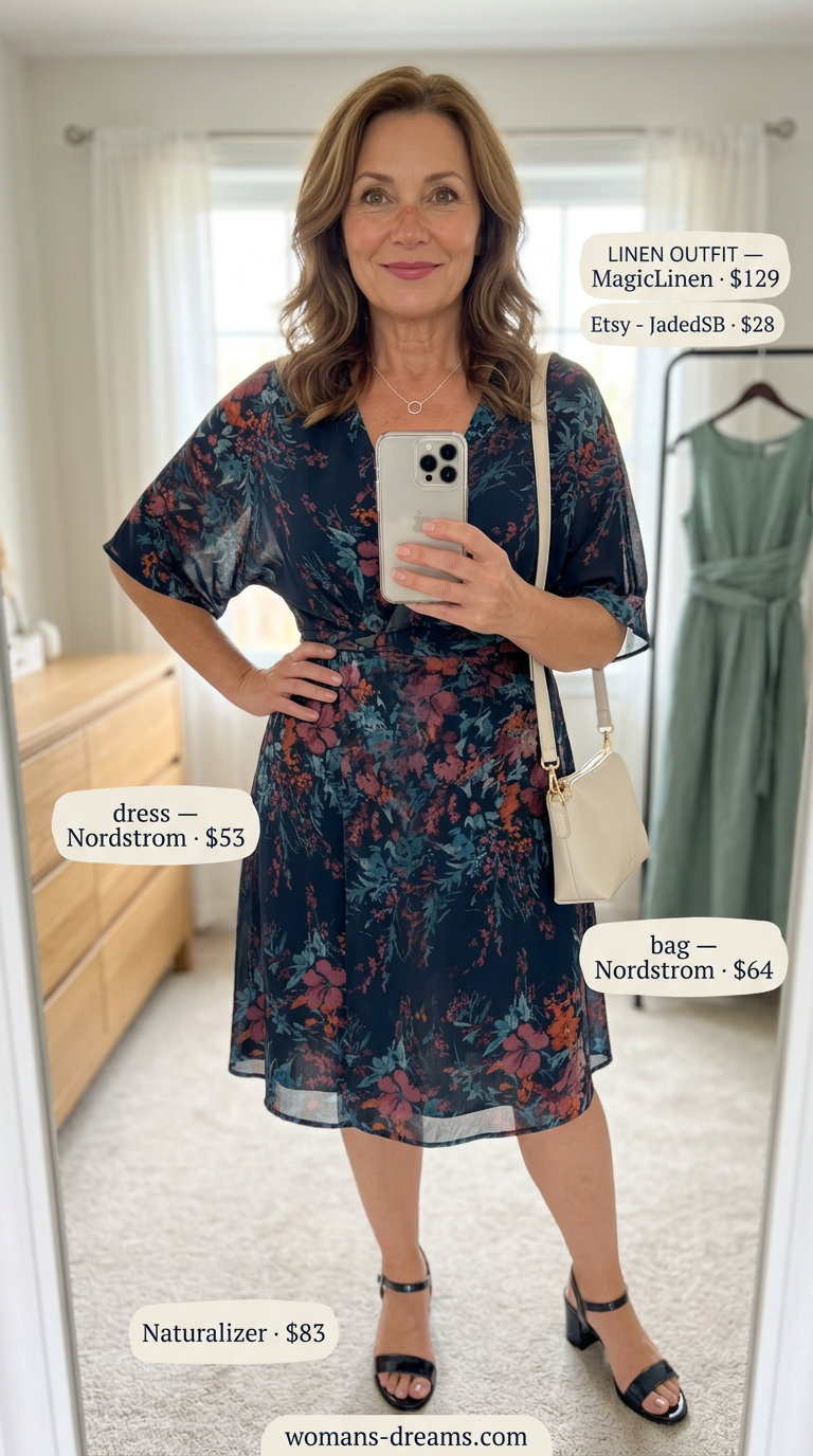 Summer linen outfit for women over 60 2026: Muted floral linen blend wrap dress, block heels, and crossbody bag.