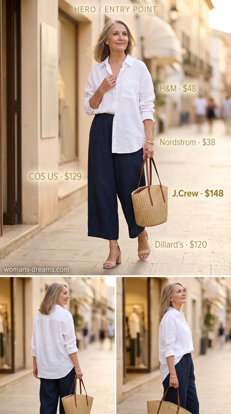 Summer linen outfit for women over 60 2026: Navy linen culottes, white linen shirt, straw tote, and sandals.