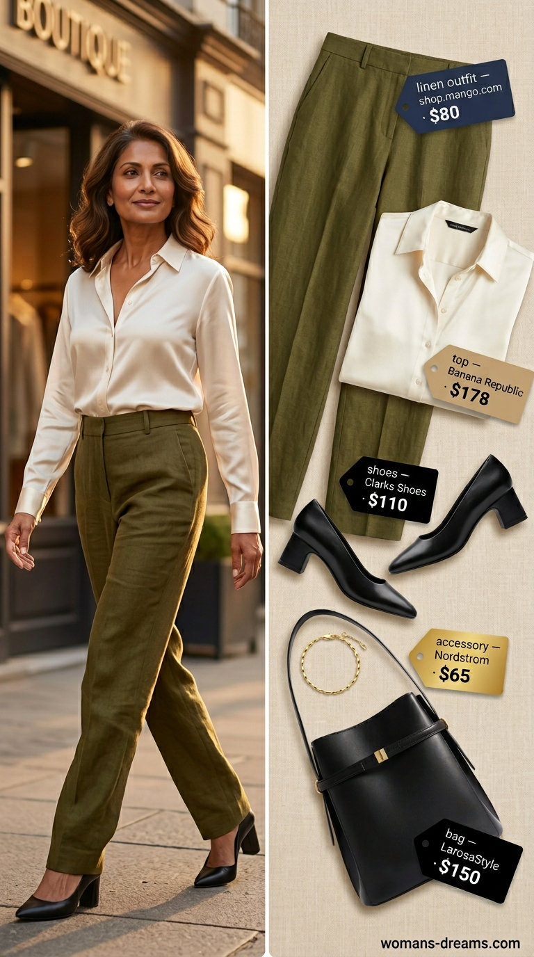 Summer linen outfit for women over 60 2026: Olive green linen trousers, ivory silk blouse, block heels, and black bag.