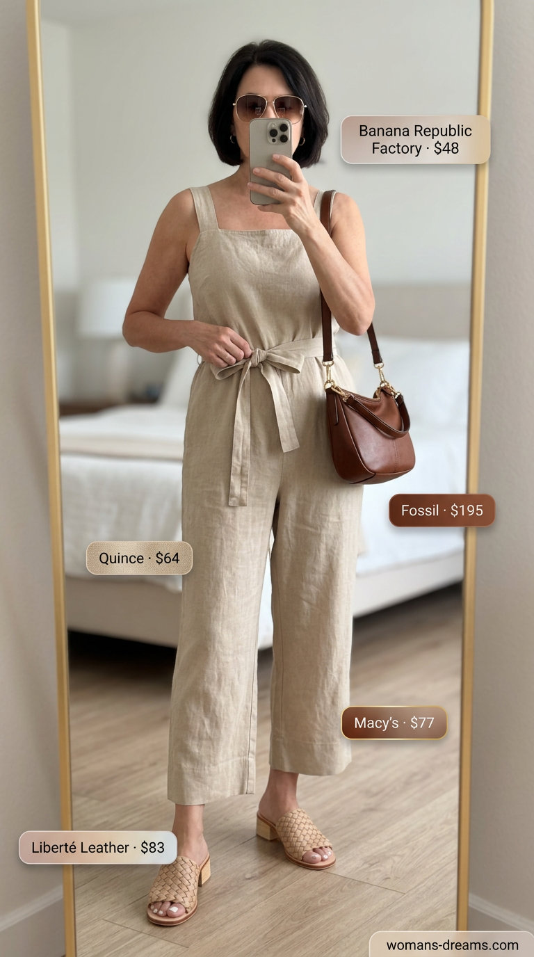 Summer linen outfit for women over 60 2026: Tan linen utility jumpsuit, mules, and crossbody bag.