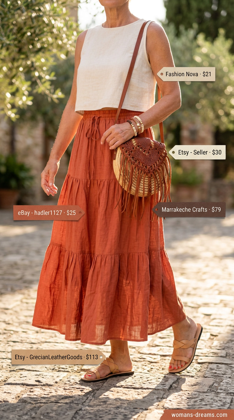 Summer linen outfit for women over 60 2026: Terracotta linen maxi skirt, cream tank, flat sandals, and fringe bag.