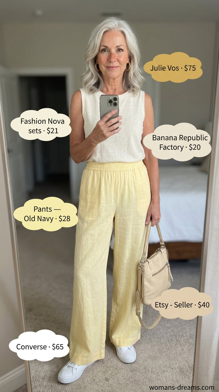 Summer linen outfit for women over 60 2026: Soft yellow linen pants, white tee, sneakers, and gold hoops.