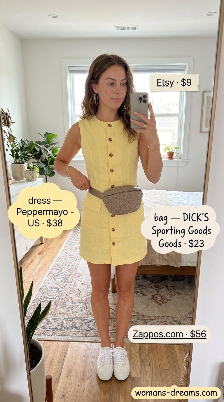 Sunshine yellow linen mini dress for an art fair in 2026. Artistic and playful outfit.