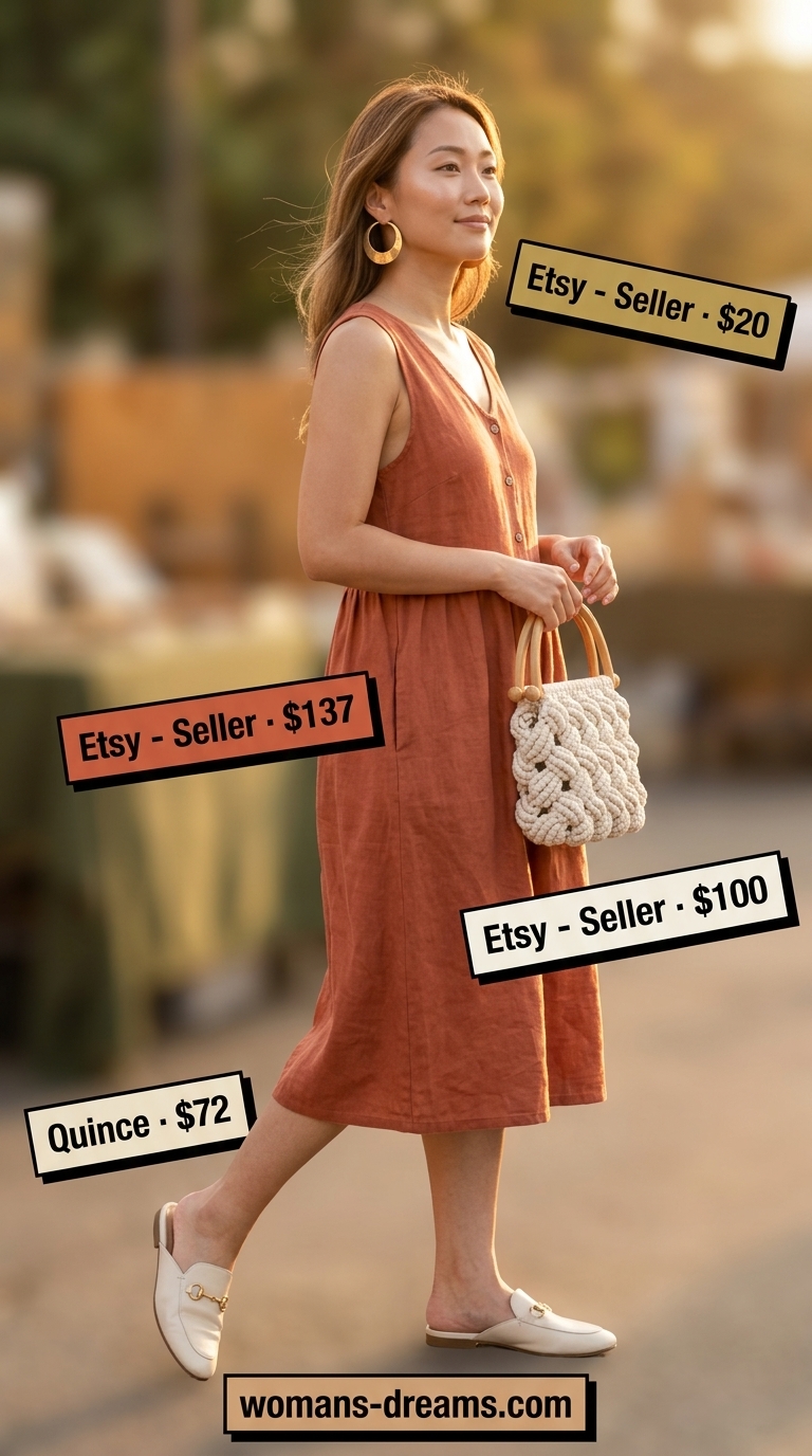 Artistic terracotta linen smock dress for casual days in 2026. Style with leather mules & macrame bag.