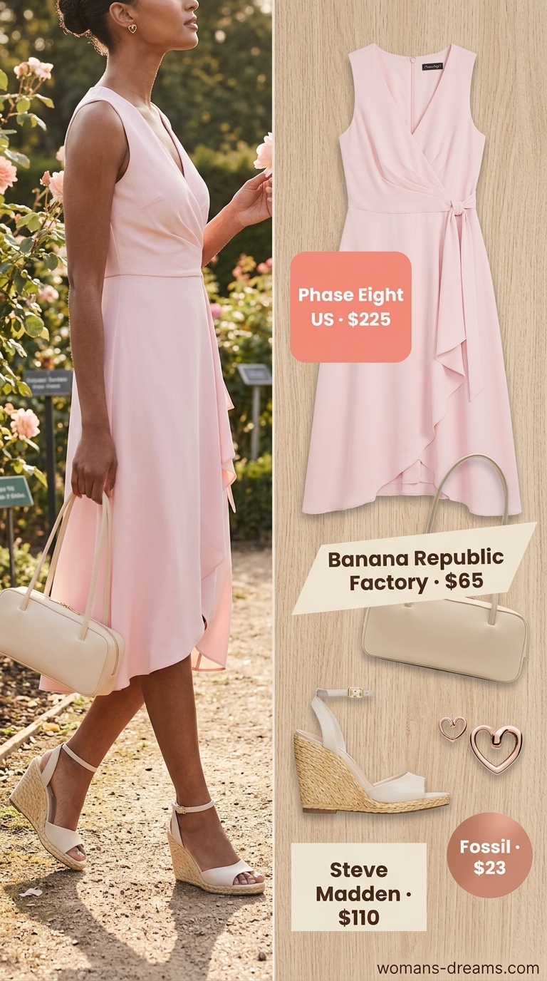 Romantic pastel pink linen wrap dress for summer brunch in 2026. Style with espadrilles & rose gold.
