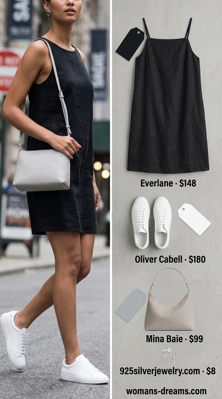 Minimalist black linen shift dress for city exploring in 2026. Style with white sneakers & crossbody.