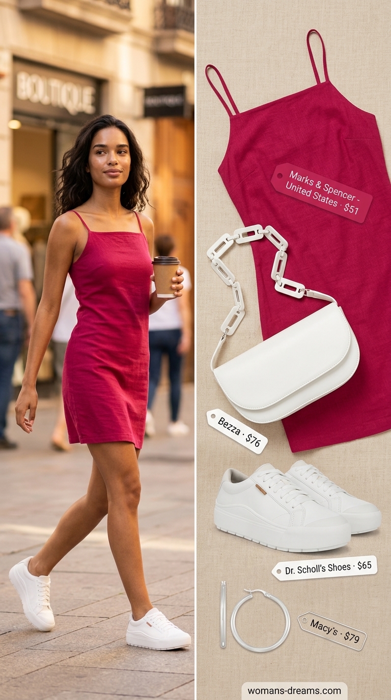 Fuchsia linen shift mini dress for a vibrant city stroll in 2026. Chic and energetic look.