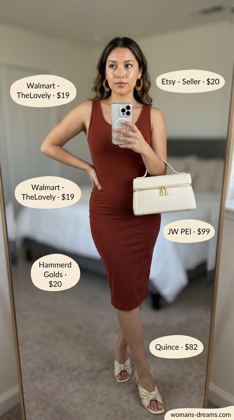 Earthy terracotta linen bodycon dress for summer evenings in 2026. Style with cream sandals & brass hoops.