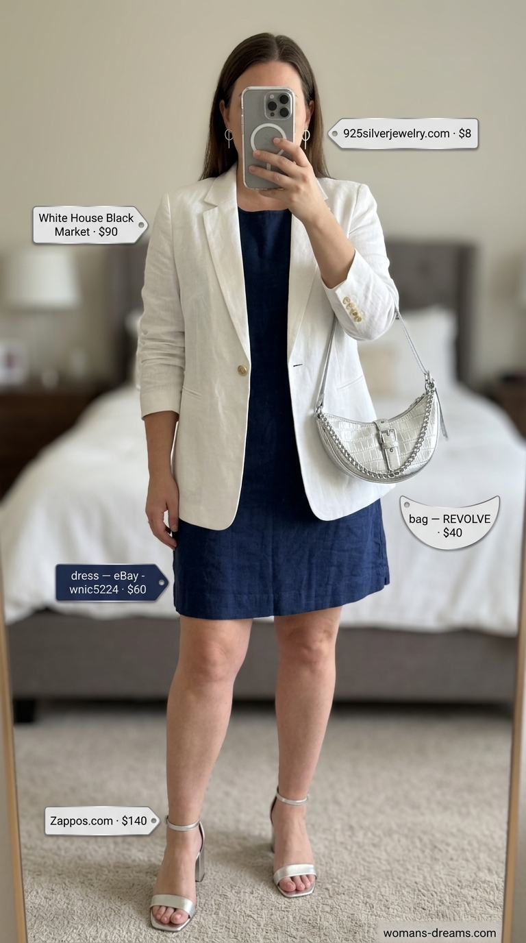 Navy linen shift dress with white blazer, silver heels & clutch for summer linen sleeveless dresses 2026.