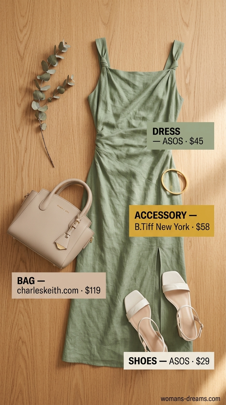 Sage green linen sleeveless midi dress for garden gatherings in 2026. Styled with gold jewelry and beige sandals.
