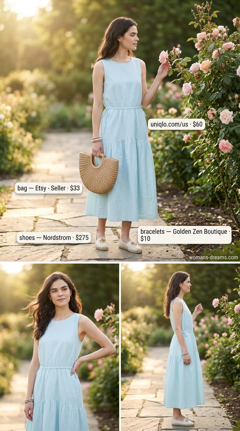 Sky blue tiered linen midi dress for a whimsical garden party in 2026. Feminine and dreamy.