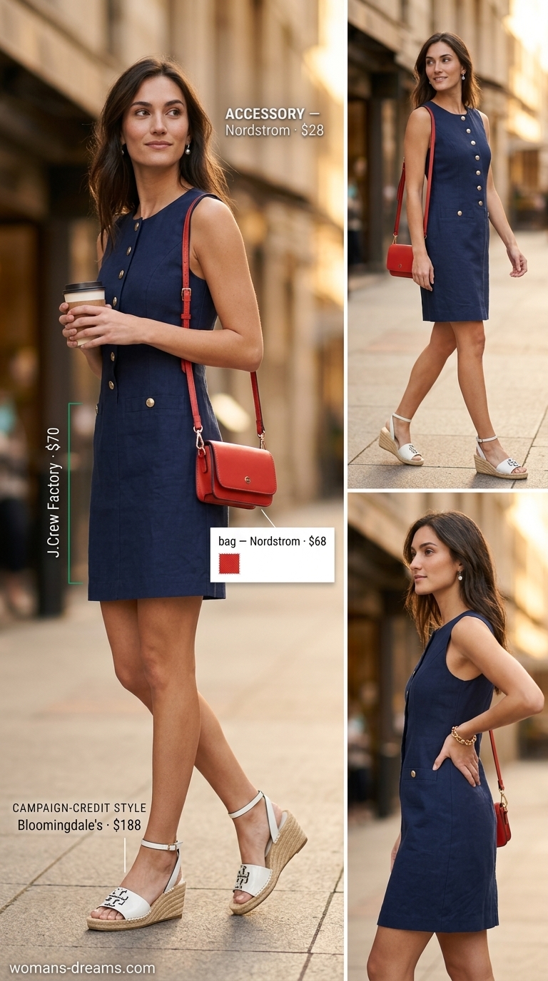 Navy linen fit-and-flare mini dress for lakeside lunch in 2026. Preppy style with white espadrilles and red crossbody.