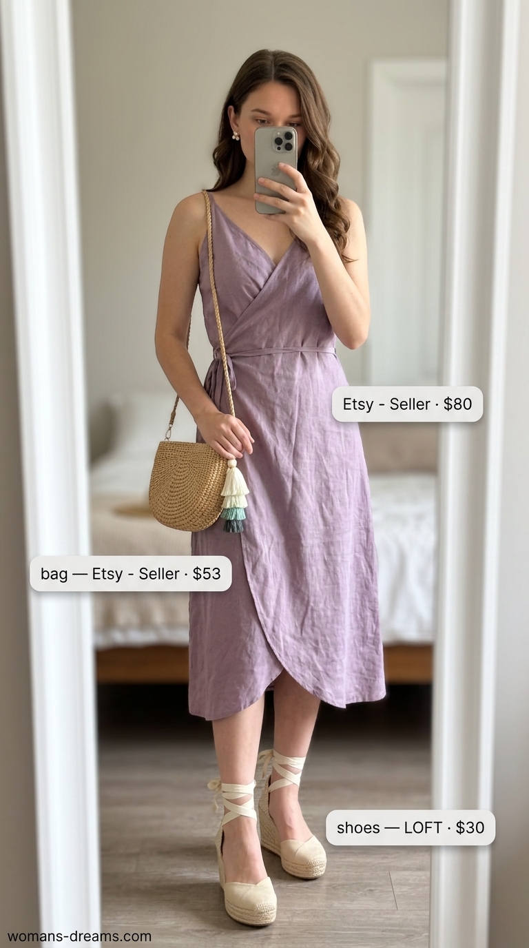 Soft lavender linen sleeveless wrap dress with espadrilles, straw bag & pearl earrings for summer linen sleeveless dresses 2026.
