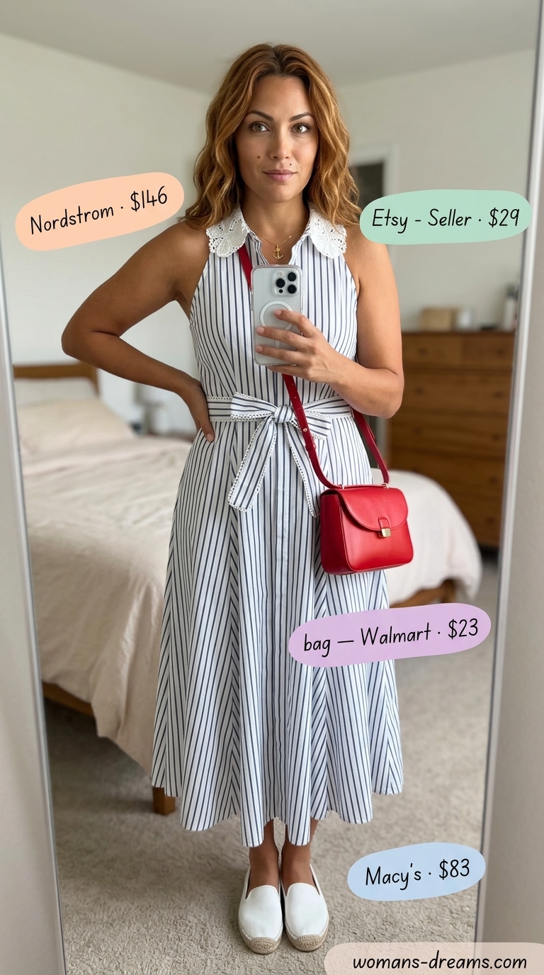 Navy and white striped linen sleeveless dress with espadrilles & red crossbody bag for summer linen sleeveless dresses 2026.