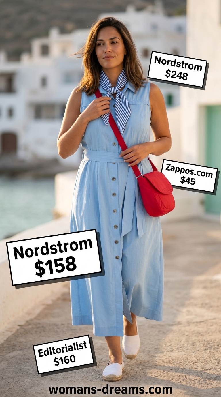 Classic navy linen shirt dress for vacation in 2026. Style with espadrilles & red crossbody.
