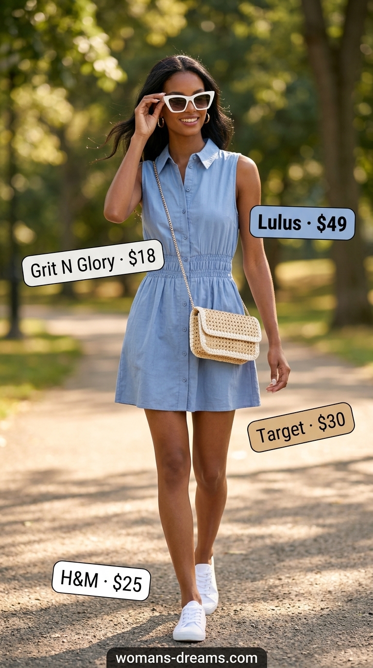 Sky blue linen mini shirt dress for a picnic in 2026. Playful and fresh outfit option.