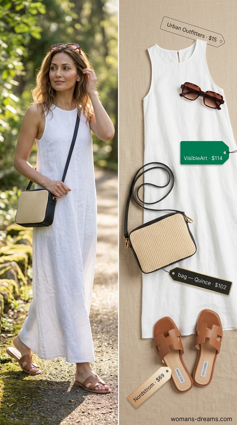 White linen sleeveless maxi dress with raffia bag, flat sandals & tortoiseshell sunglasses for summer linen sleeveless dresses 2026.