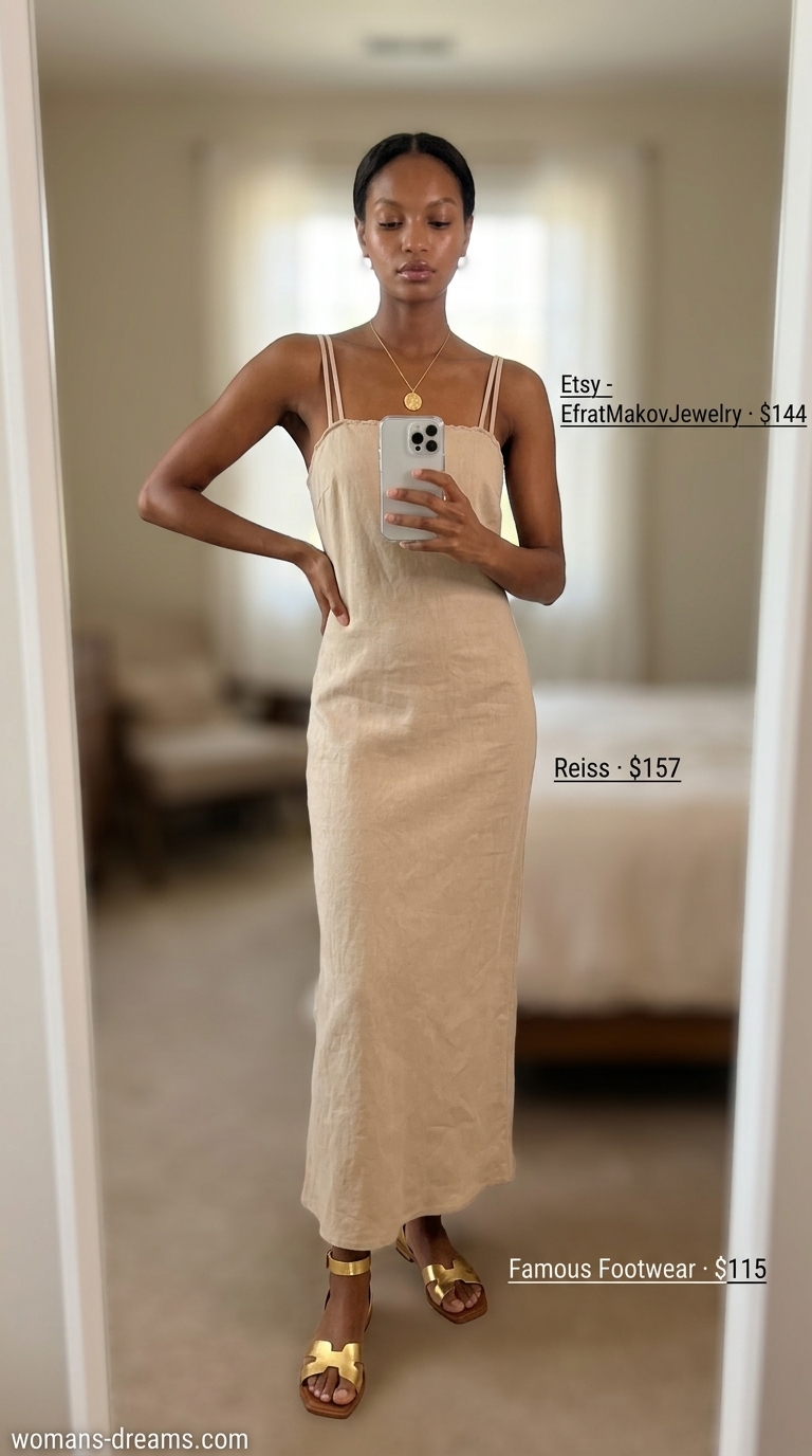 Monochromatic beige linen sleeveless dress with cowl neck, gold necklace & sandals for summer linen sleeveless dresses 2026.