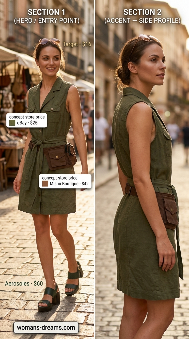 Olive green linen utility mini dress with platform sandals & canvas belt bag for summer linen sleeveless dresses 2026.