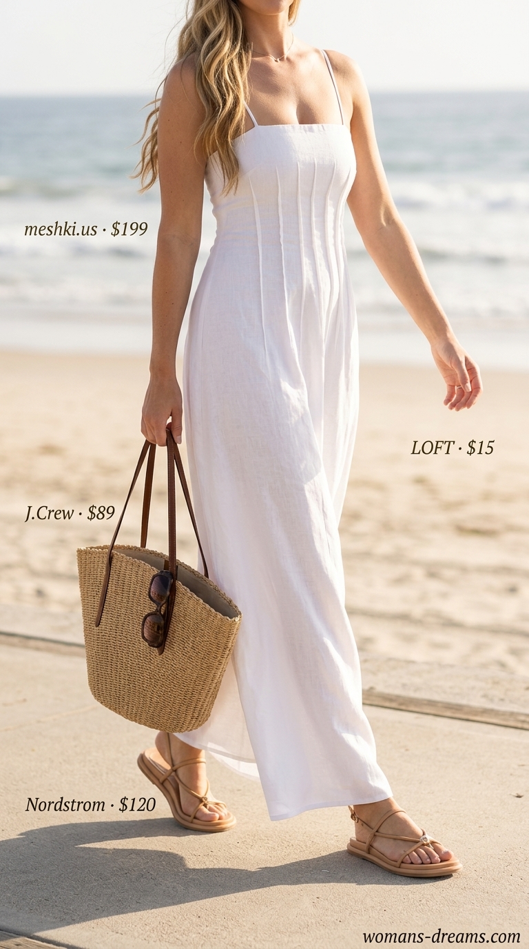 Crisp white linen maxi dress for seaside brunch in 2026. Effortless and light resort wear.