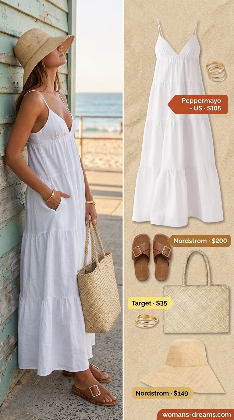 Relaxed white linen maxi dress for beach days in 2026. Style with straw tote & leather slides.