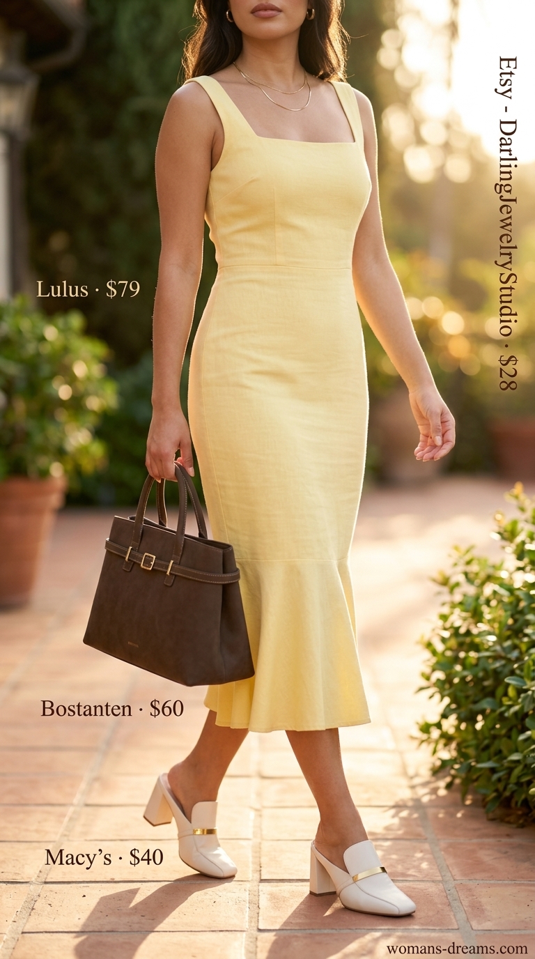 Chic pale yellow linen sheath dress for summer parties in 2026. Style with white mules & brown bag.