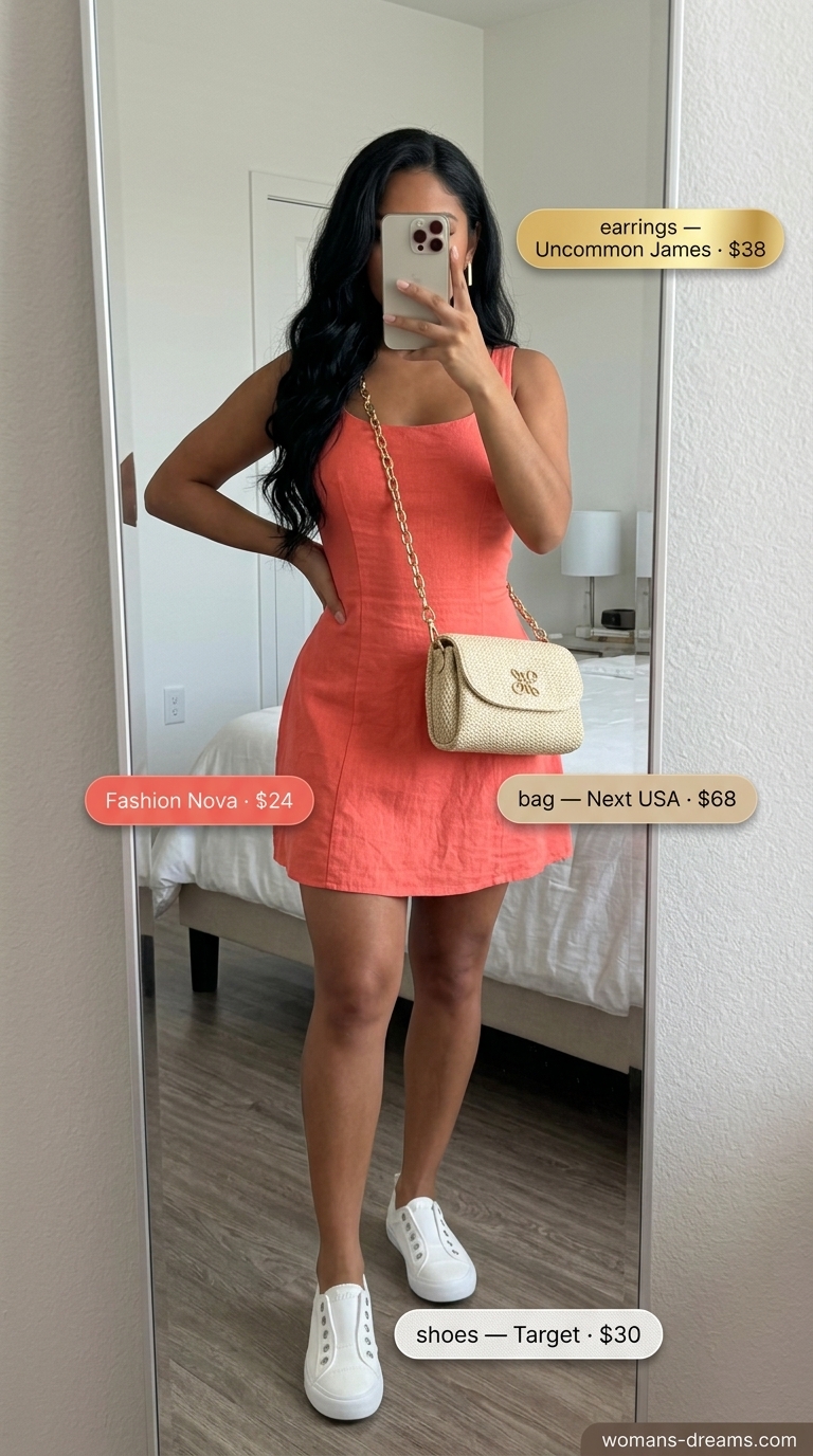 Coral pink linen sleeveless mini dress with sneakers & raffia bag for summer linen sleeveless dresses 2026.