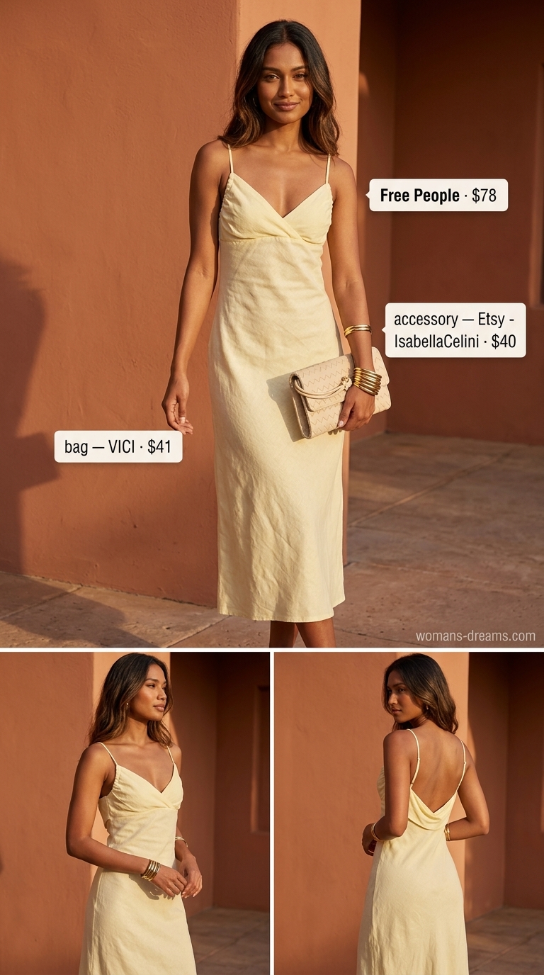 Terracotta linen sleeveless midi dress with spaghetti straps, suede sandals & gold bangles for summer linen sleeveless dresses 2026.