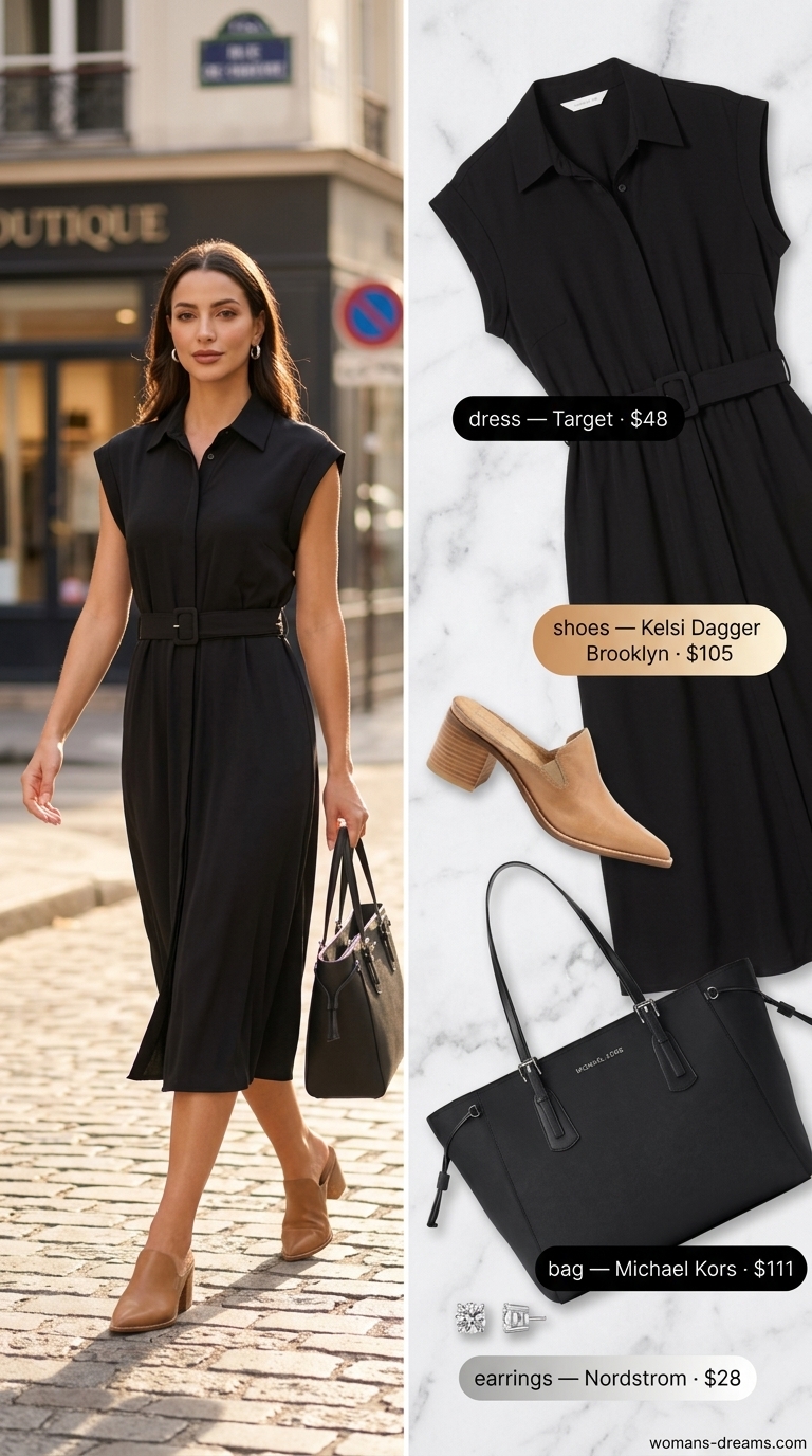 Camel linen sleeveless shirt dress with mules, belt & silver earrings for summer linen sleeveless dresses 2026.