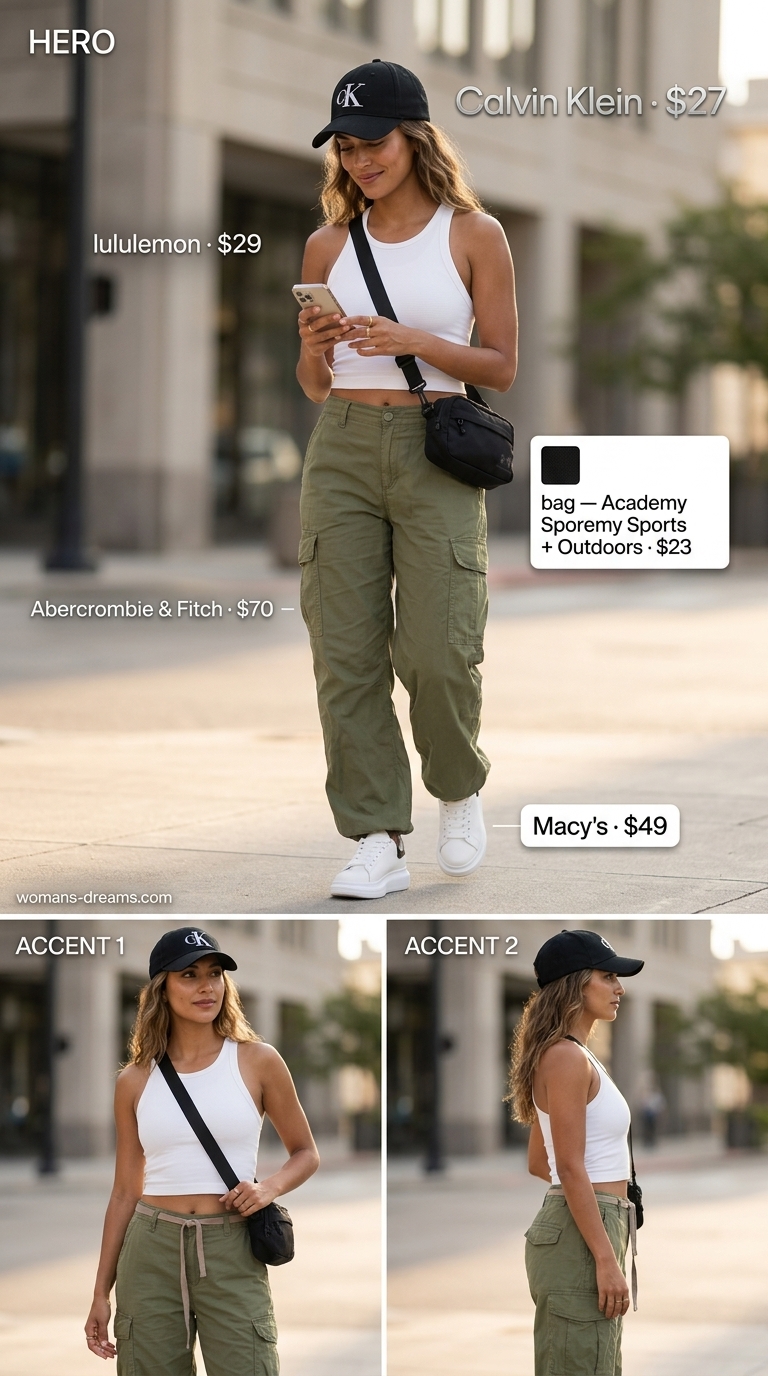 Athleisure summer outfits women 2026: Khaki green low-waist cargo trousers, white tank, belt bag, and chunky sneakers.