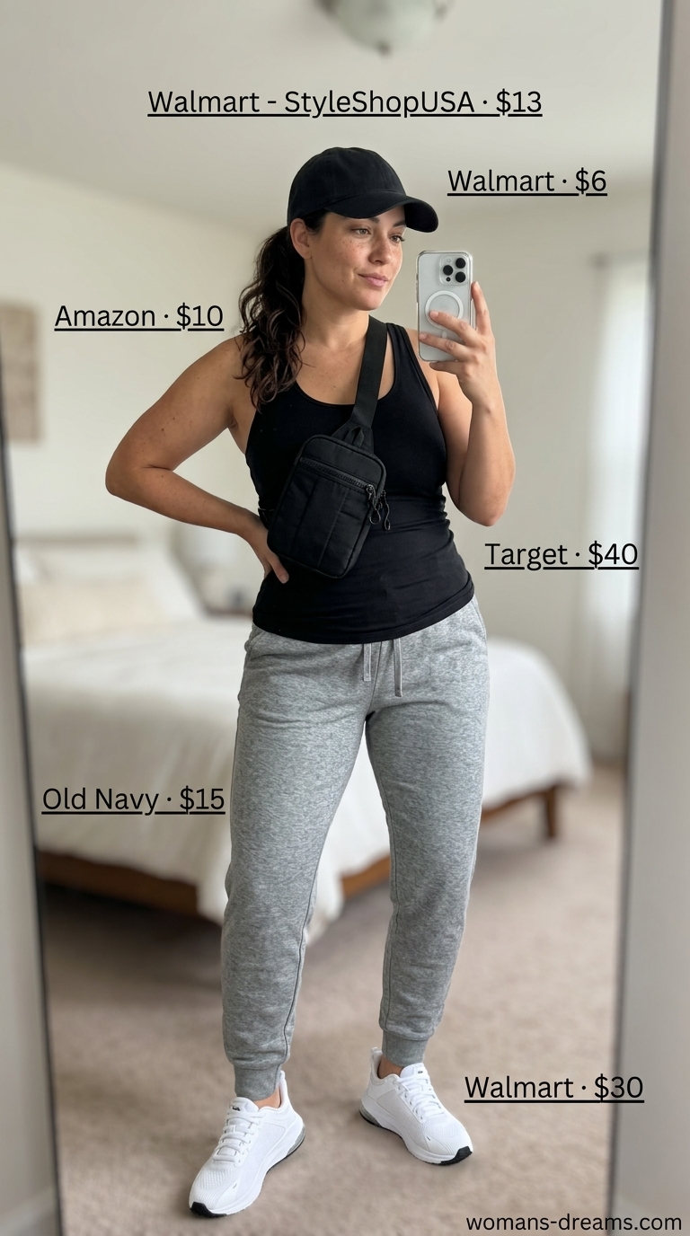 Comfortable athleisure outfits women 2026: Grey marle joggers, black tank, belt bag, baseball cap, and athletic sneakers.