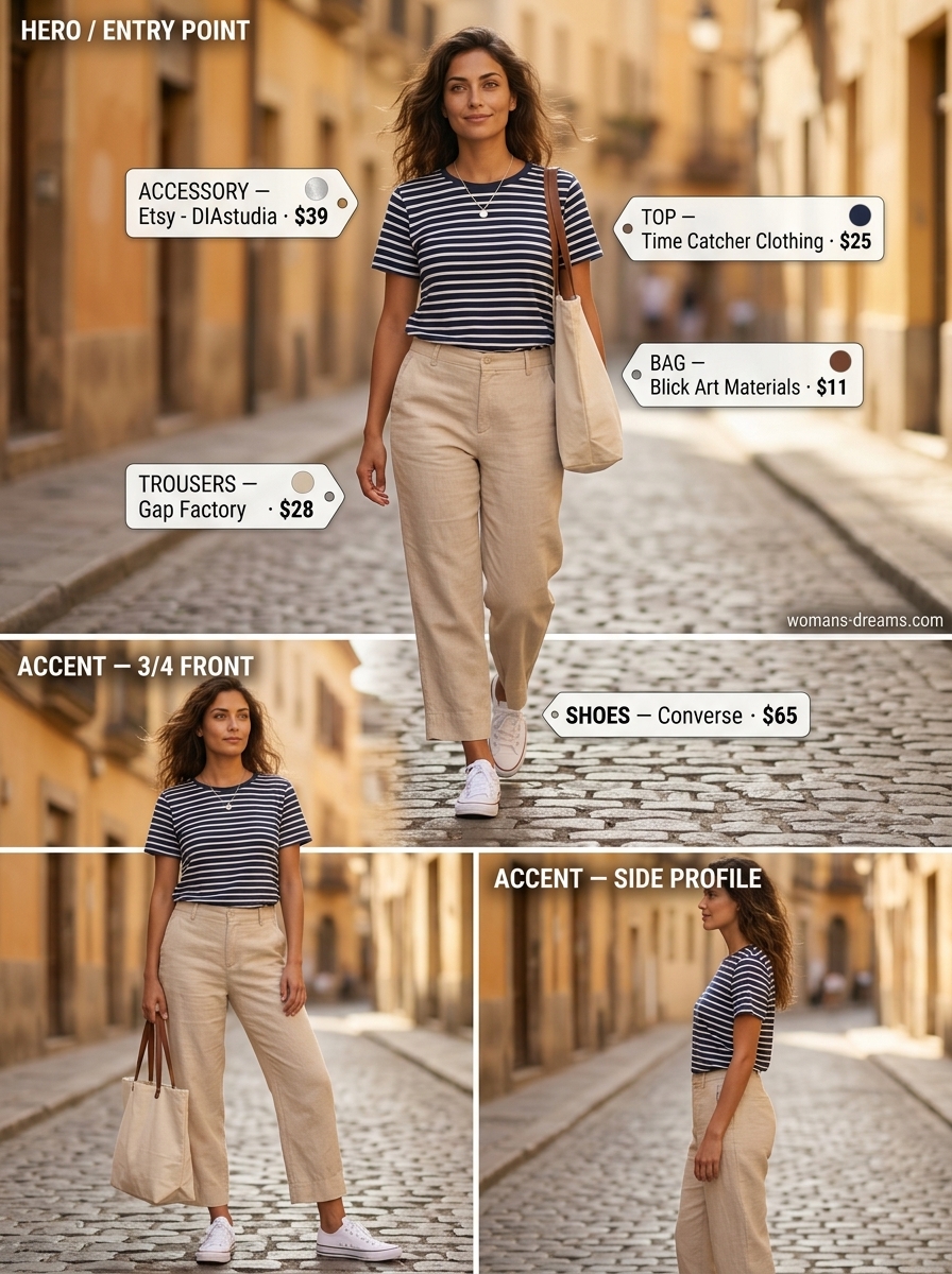 Casual summer outfits women 2026: Navy & white striped tee, beige linen blend cropped trousers, white sneakers, and canvas tote.