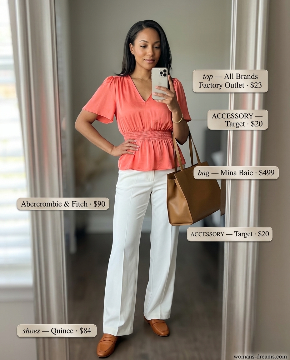Chic city outfits women 2026: White tailored trousers, coral satin blouse, tan loafers, and structured tote for polished looks.