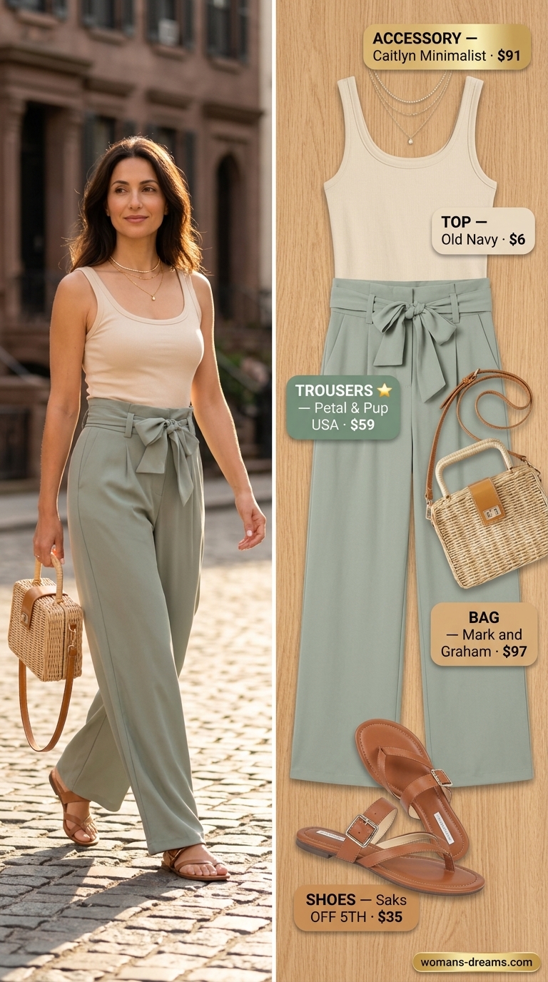 Sage green linen trousers for women 2026, paired with a cream tank and tan slides for a chic coastal look.