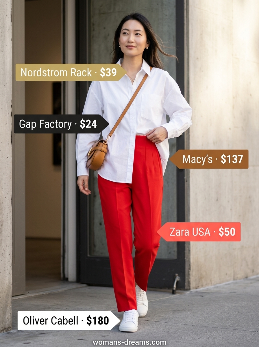 Bright red tailored trousers for women 2026, paired with an oversized white shirt and sneakers for a bold daytime look.
