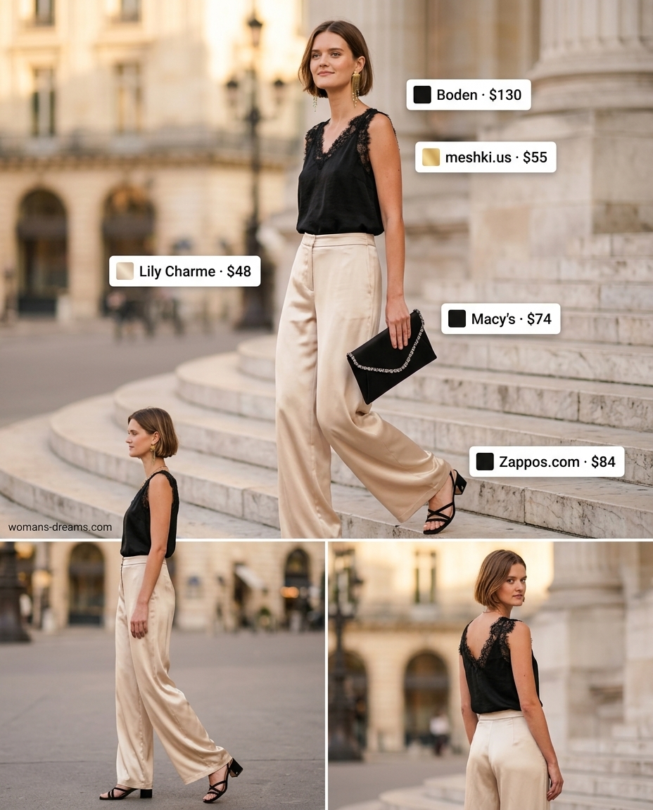 Champagne palazzo trousers for women 2026, styled with a black camisole and gold chandelier earrings for an evening event.