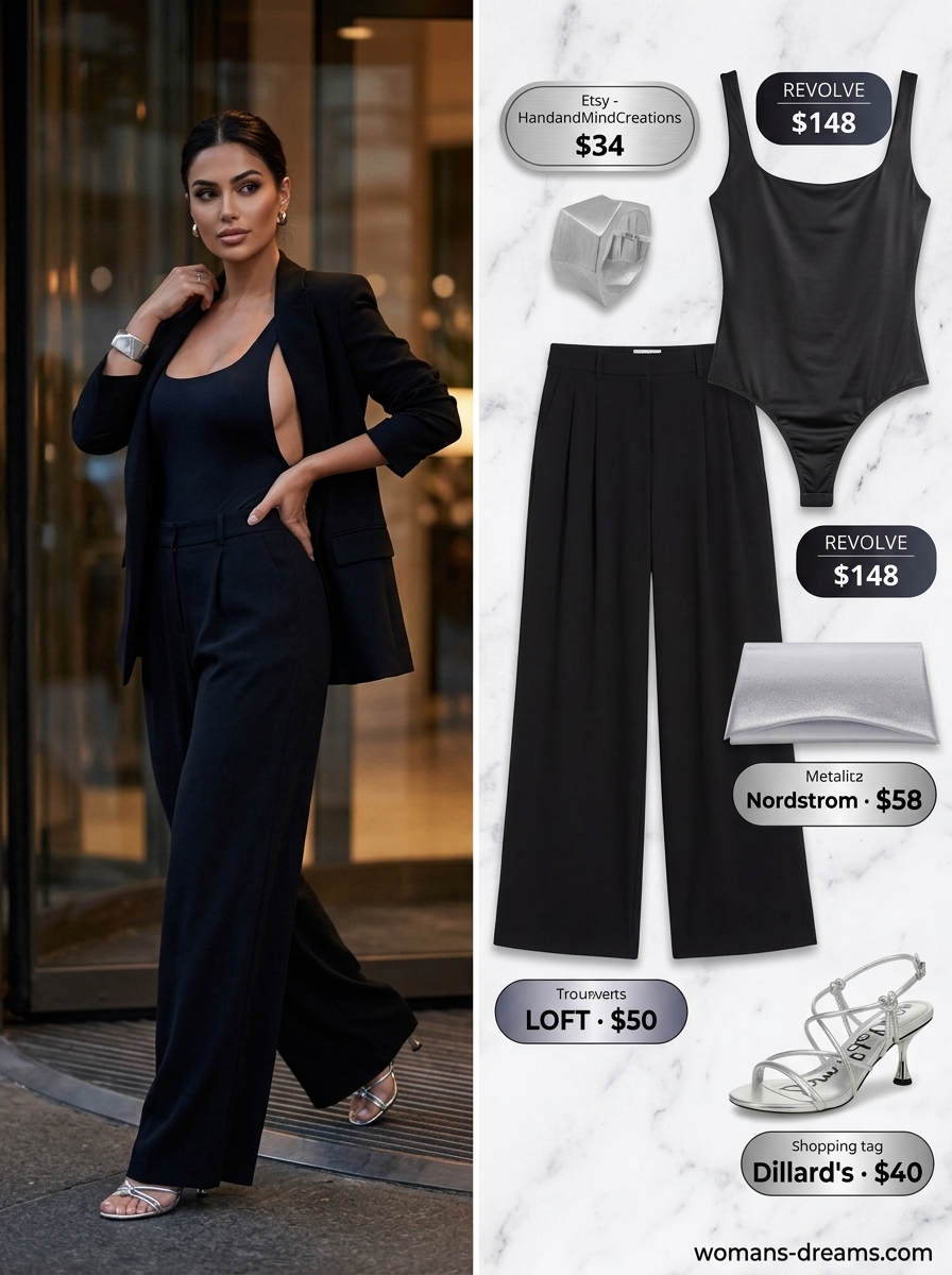Minimalist evening outfits women 2026: Black wide-leg trousers, sleek bodysuit, silver cuff, and metallic heeled sandals.