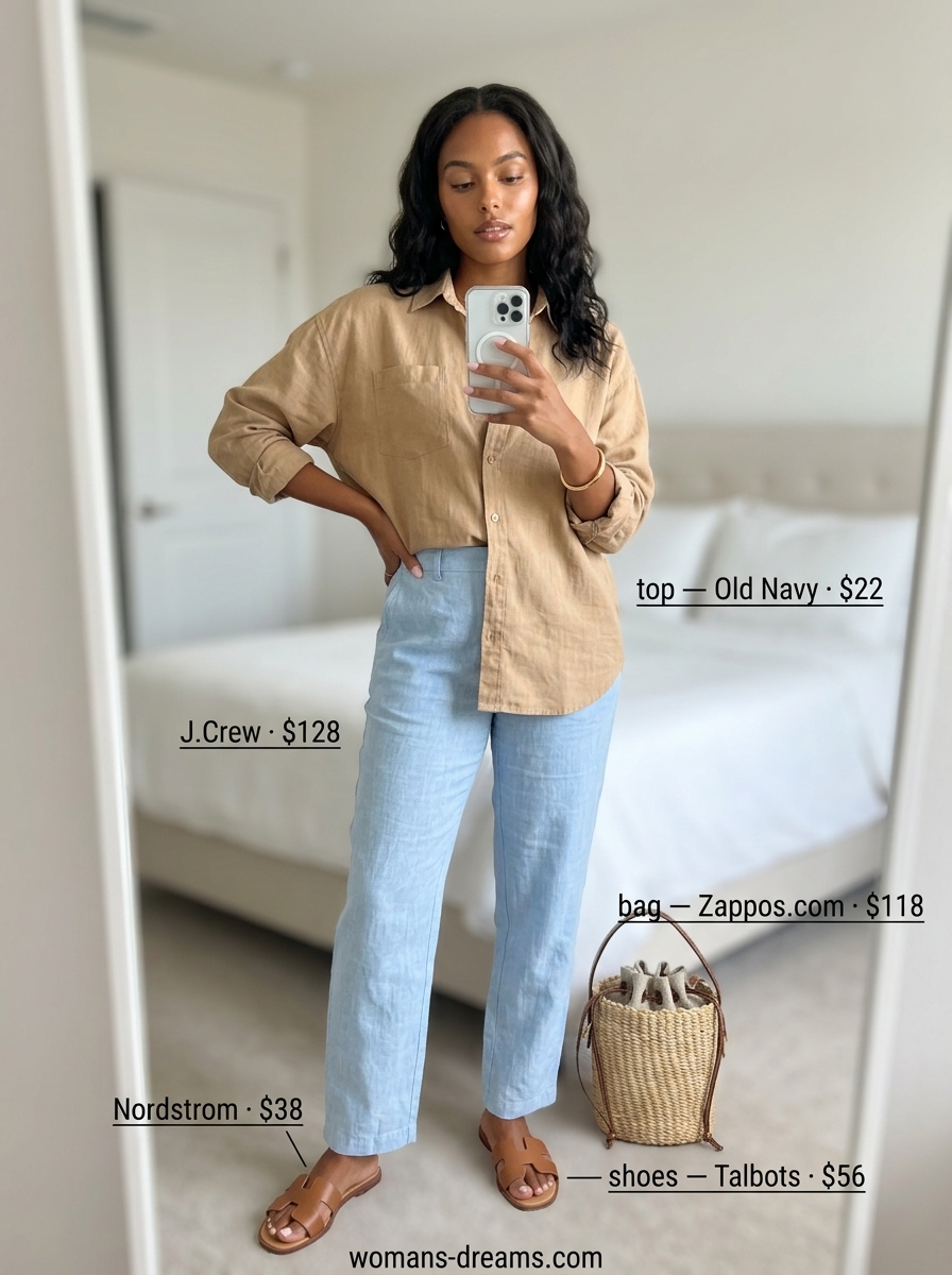 Relaxed summer outfits women 2026: Light blue linen trousers, white linen shirt, leather slides, and straw crossbody bag.