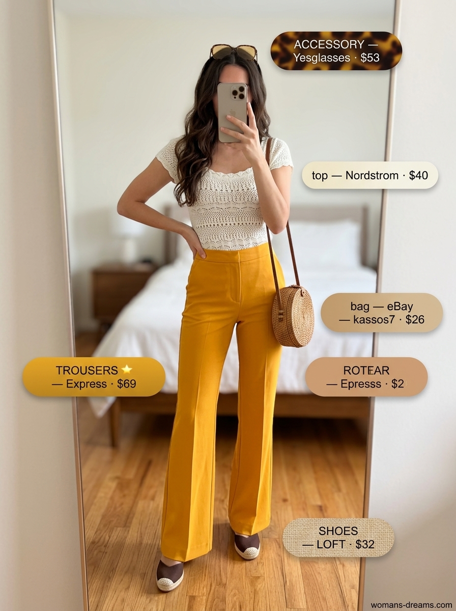 Retro summer outfits women 2026: Mustard yellow cotton twill trousers, cream knit top, espadrille wedges, and wicker bag.