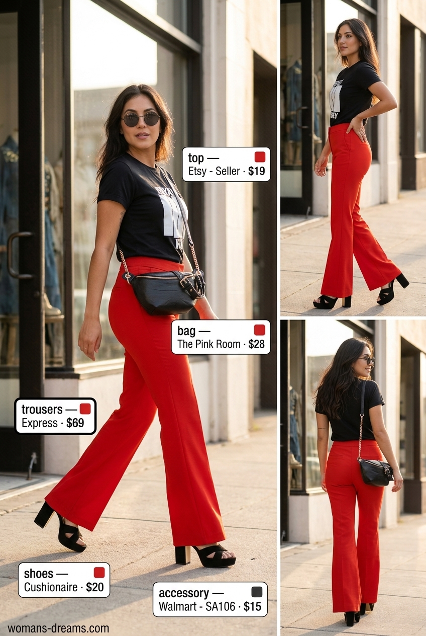 Red flared trousers for women 2026, styled with a black graphic tee and platform sandals for a retro concert look.