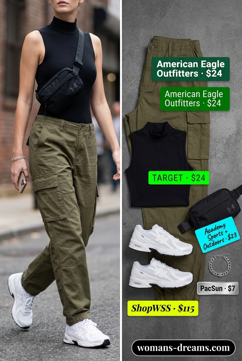 Urban explorer outfits women 2026: Olive green cargo trousers, black bodysuit, belt bag, and chunky sneakers for city adventures.