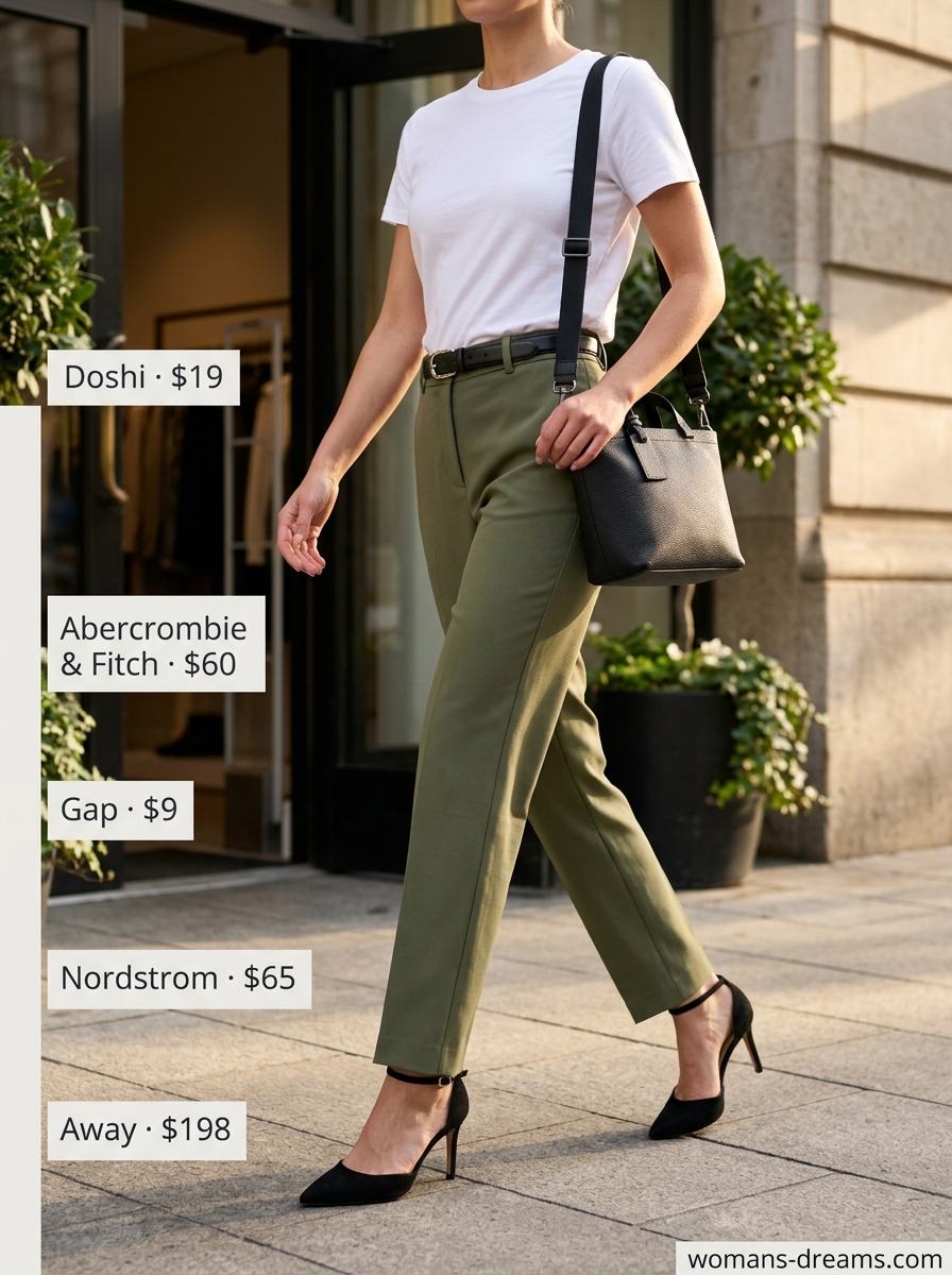 Olive green tailored trousers for women 2026, paired with a white tee and mules for an urban explorer look.