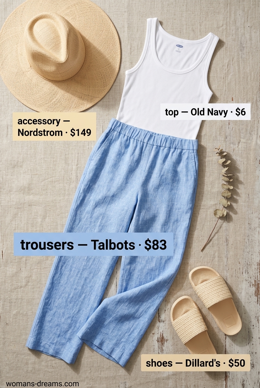 Vacation ready outfits women 2026: Sky blue linen wide-leg trousers, white tank top, straw hat, and raffia slide sandals.