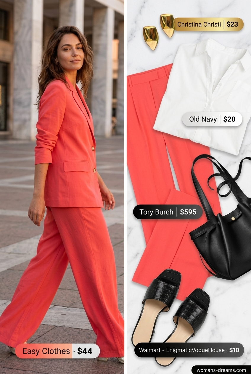 Vibrant city outfits women 2026: Coral tailored trousers, white oversized shirt, black mules, and structured tote for a polished look.